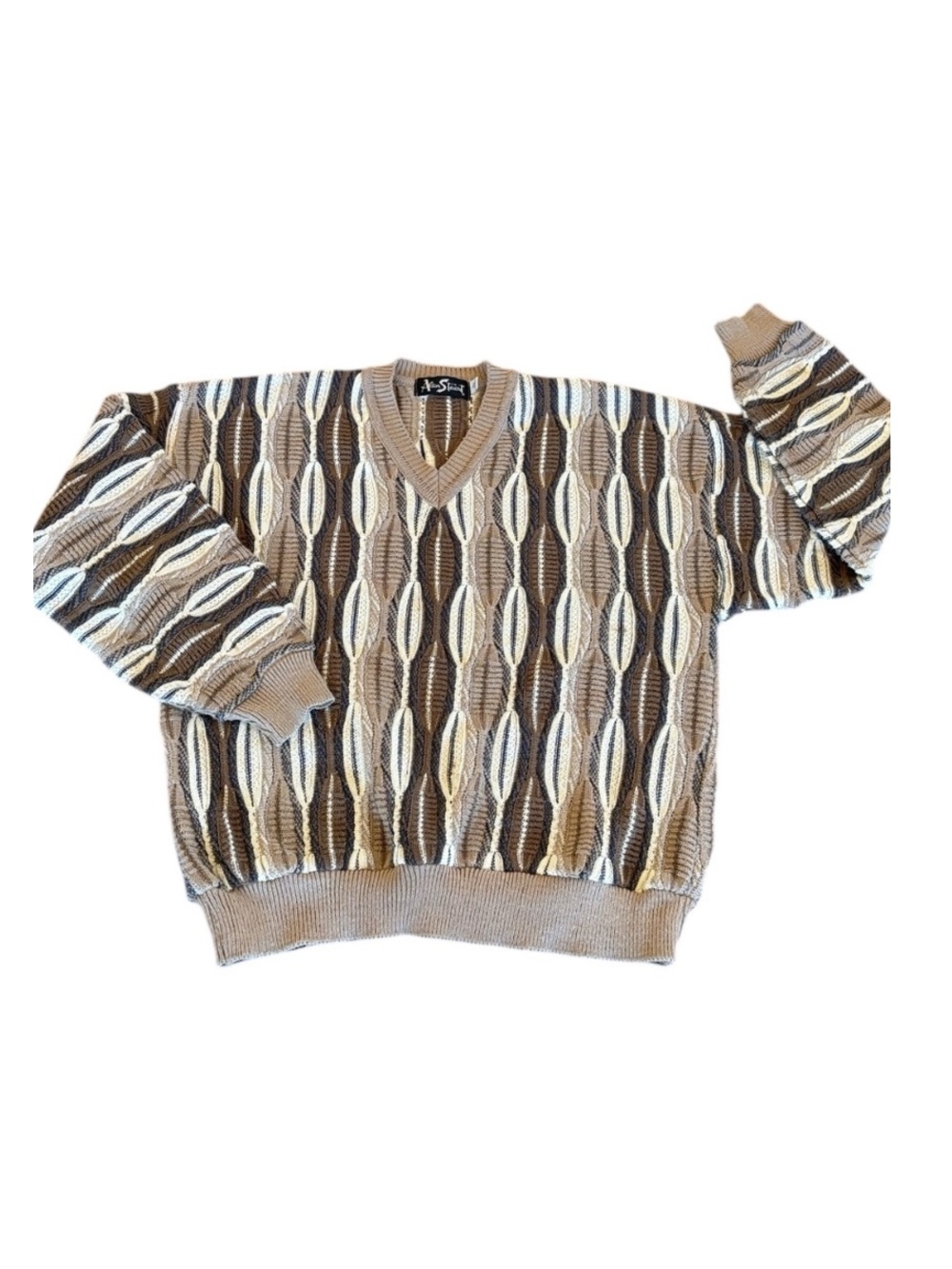 Vintage Alan Stuart 80s 3D‎ V Neck Brown Textured Tan Knit Sweater Size Large